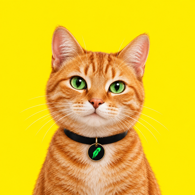 An orange cat with green eyes and a green feather tag.